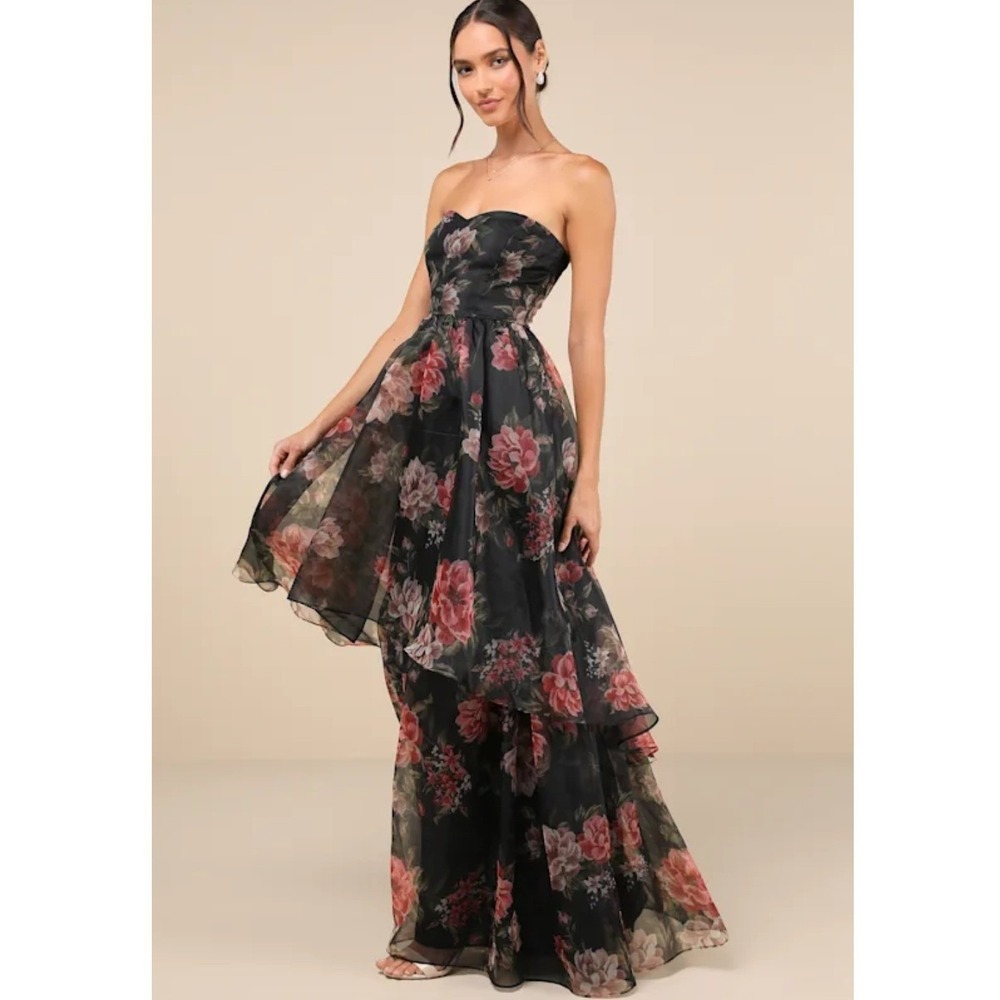 Lulus Truly Extraordinary Black Floral Organza Tiered Strapless Maxi Dress Large - Picture 9 of 10